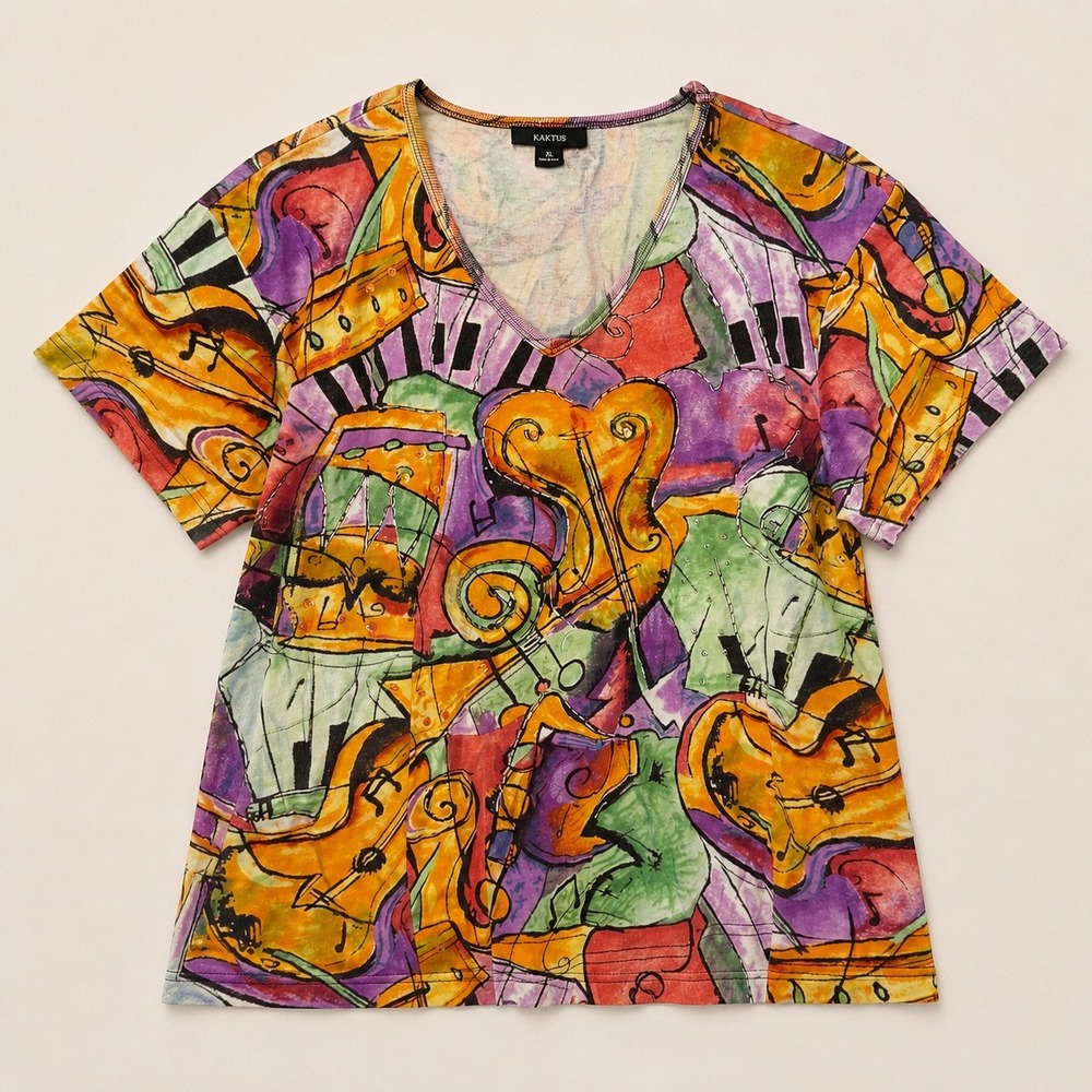 Kaktus Musical Instrument All over Print Top Beaded Sequin V-Neck Art to wear XL